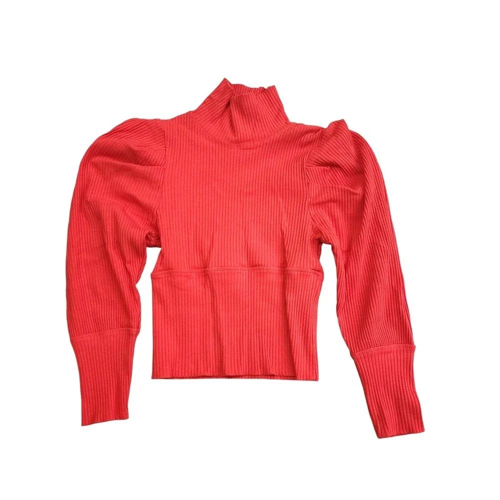 Free People Orange Ribbed Mock Neck‎ Puff Sleeve Top OB861565 Womens XS